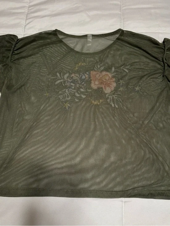 Boho olive green sheer top with embroidery S festival Coachella retro y2k - Picture 4 of 5